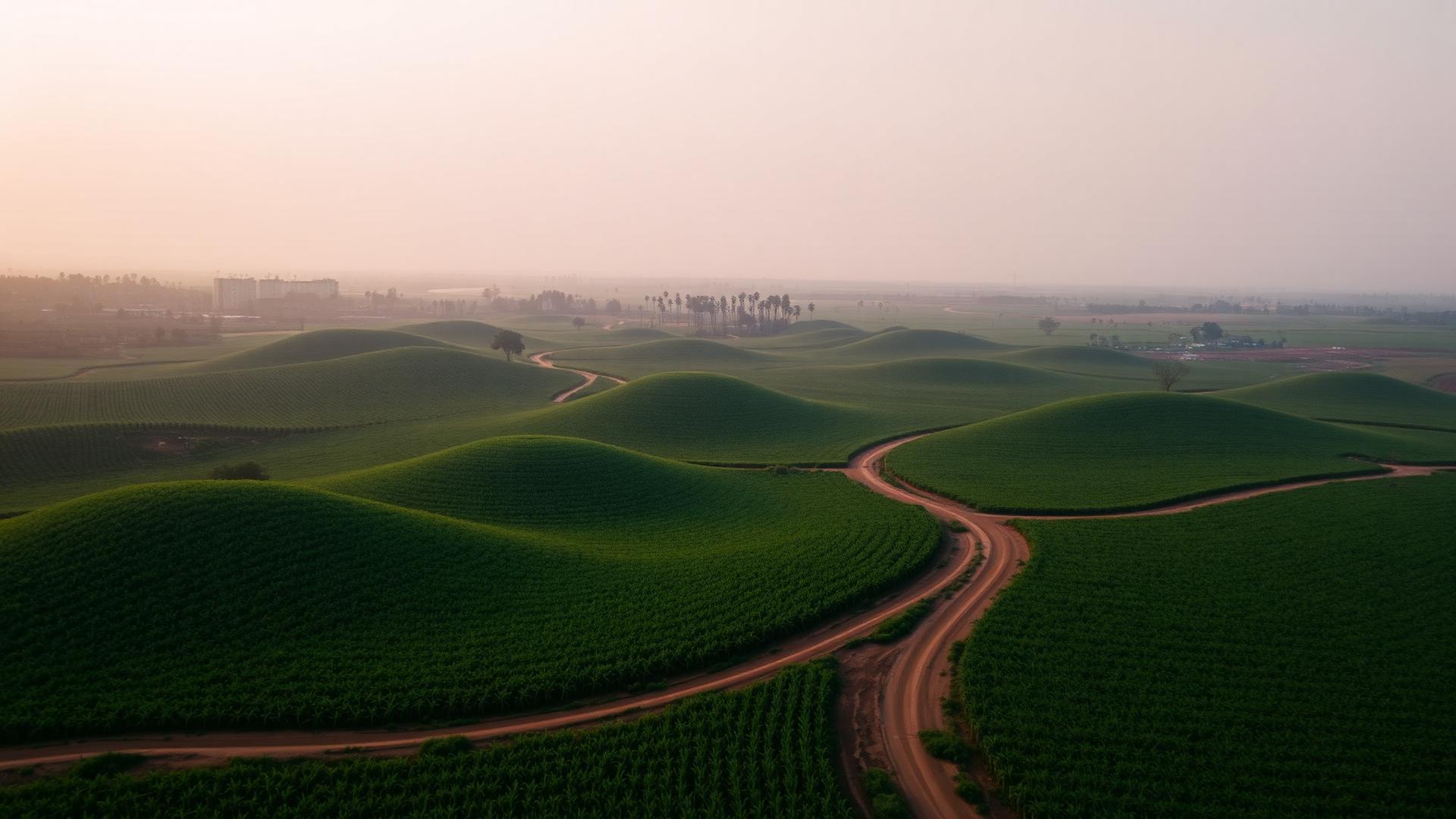 Aerial view of Tanzanian farmland at golden hour