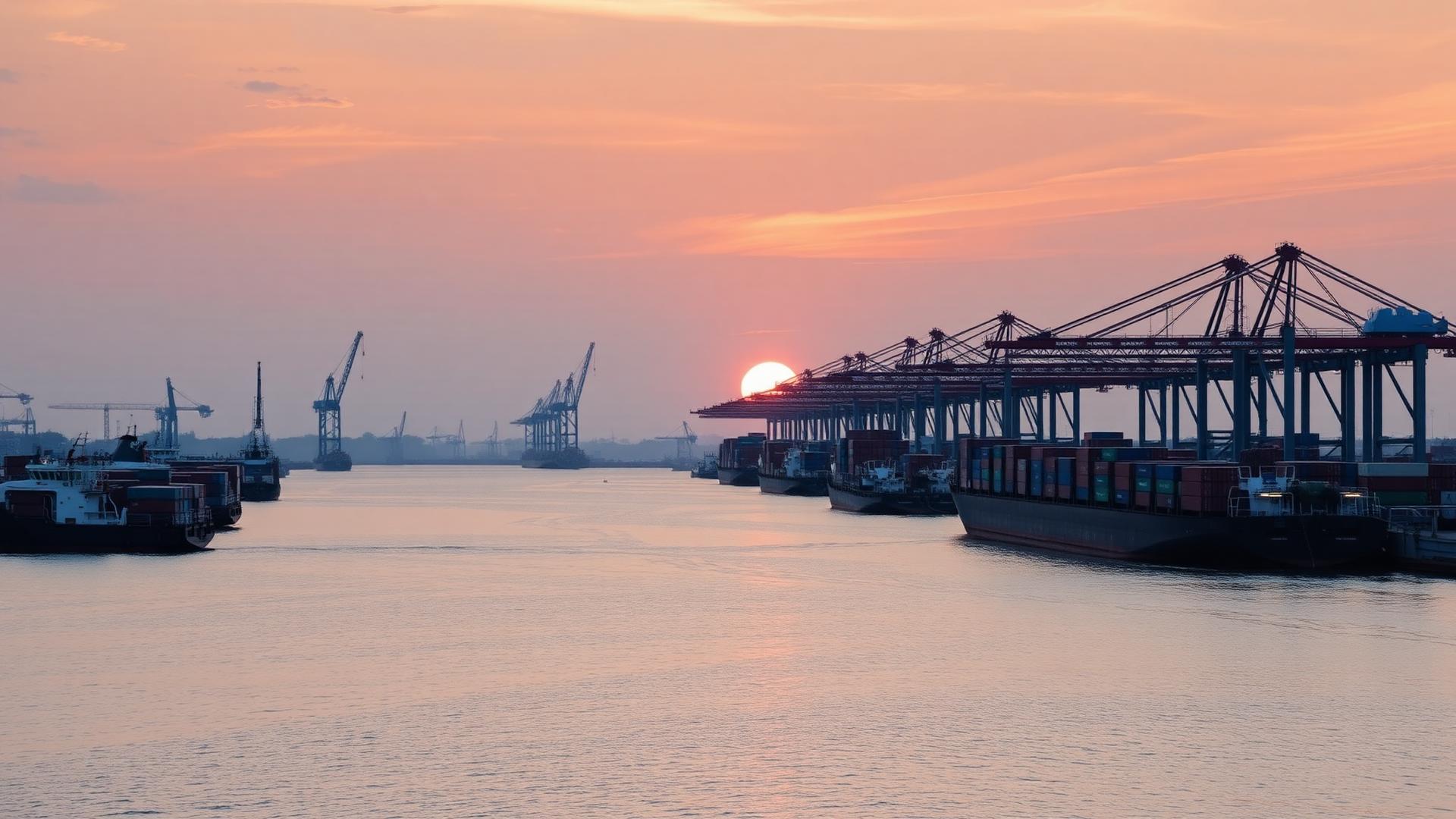 Dar es Salaam port at sunrise with cargo cranes
