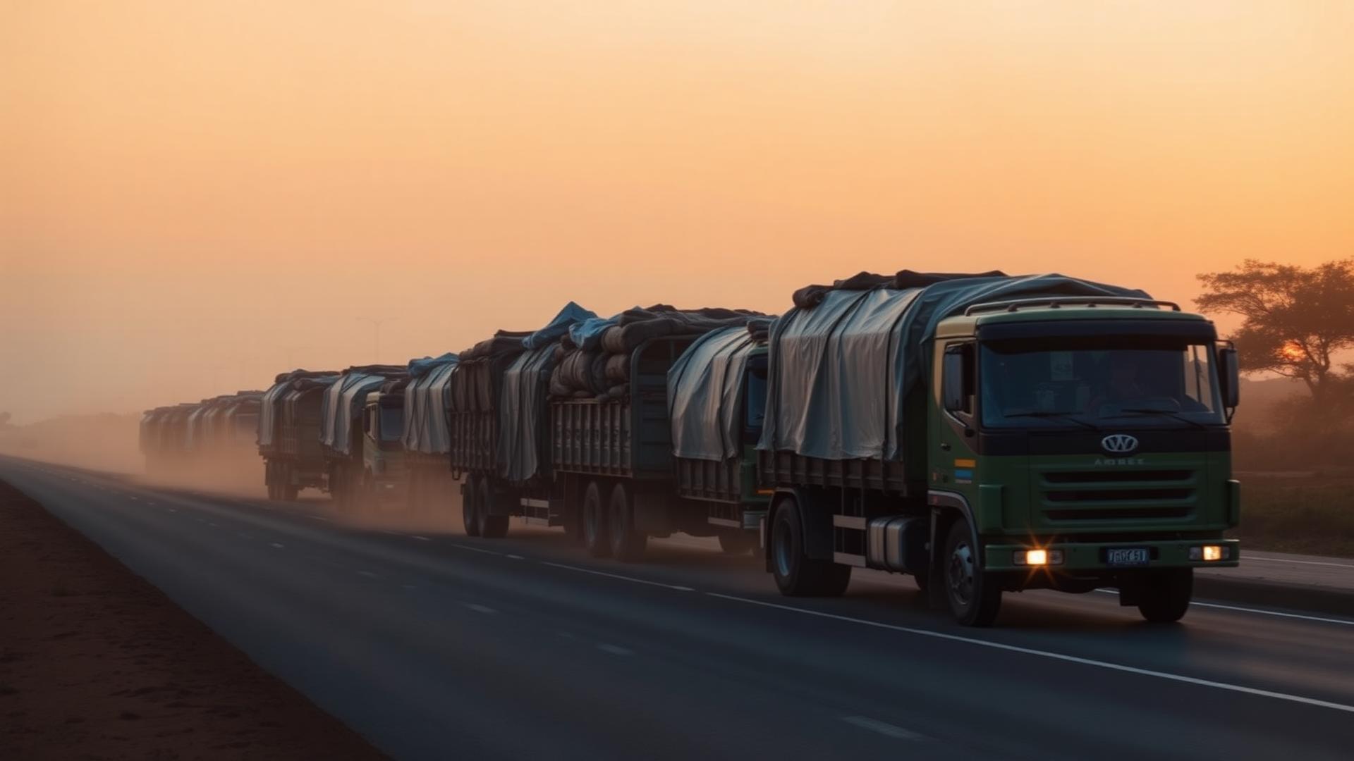 Freight trucks carrying fertilizer along a Tanzanian highway at dawn