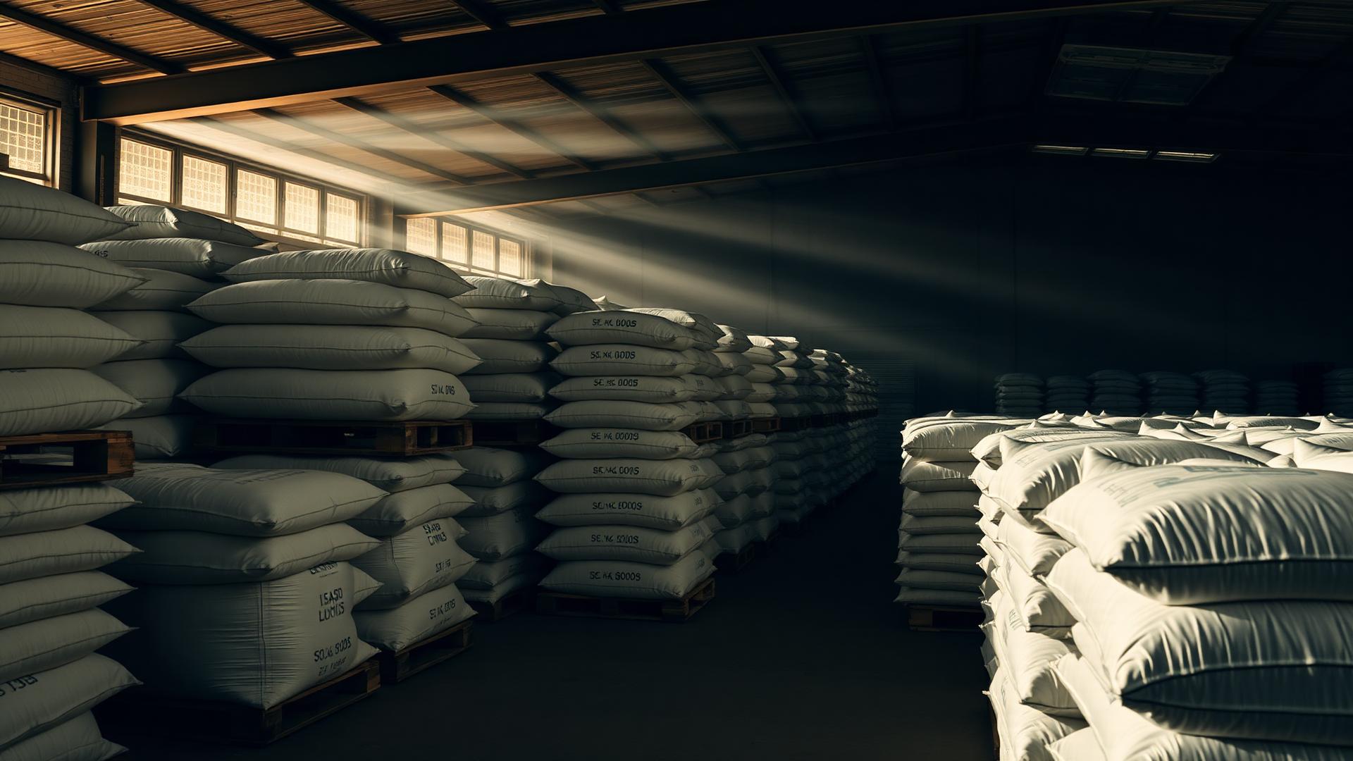 Stacked 50 kg fertilizer bags in a Premium Agro warehouse